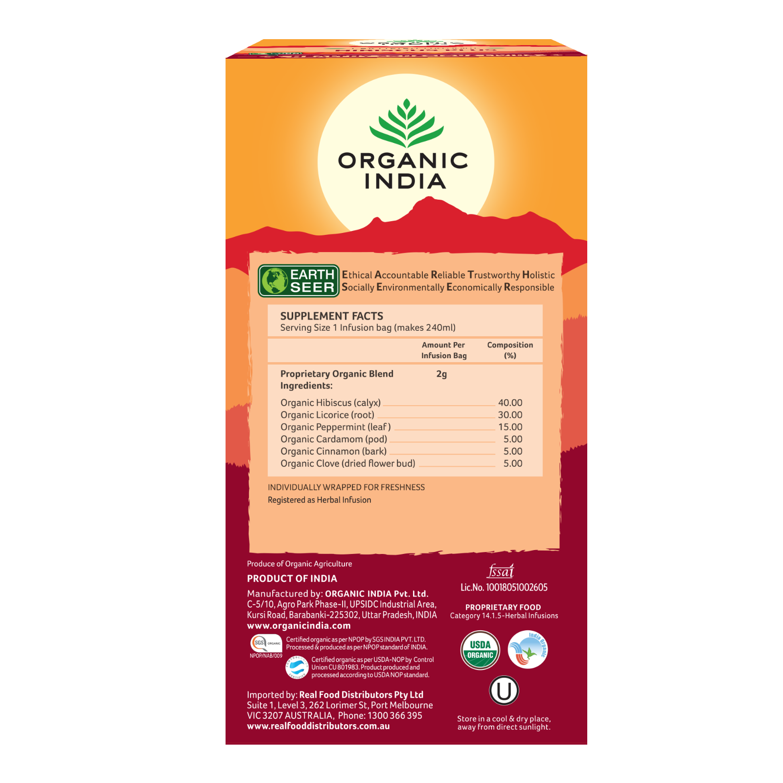 Organic India Hibiscus Plus 25 Tea Bags - Pack of 5 - FREE SHIPPING